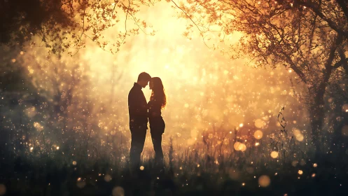 Silhouetted Couple Embracing Under Golden Bokeh Light.