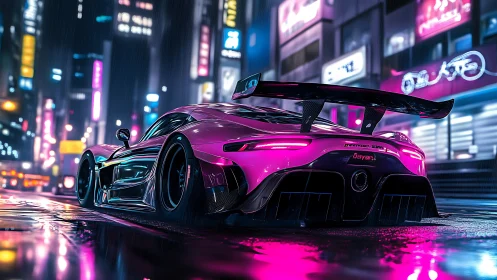 Neon magenta hypercar in wet cyberpunk street at night