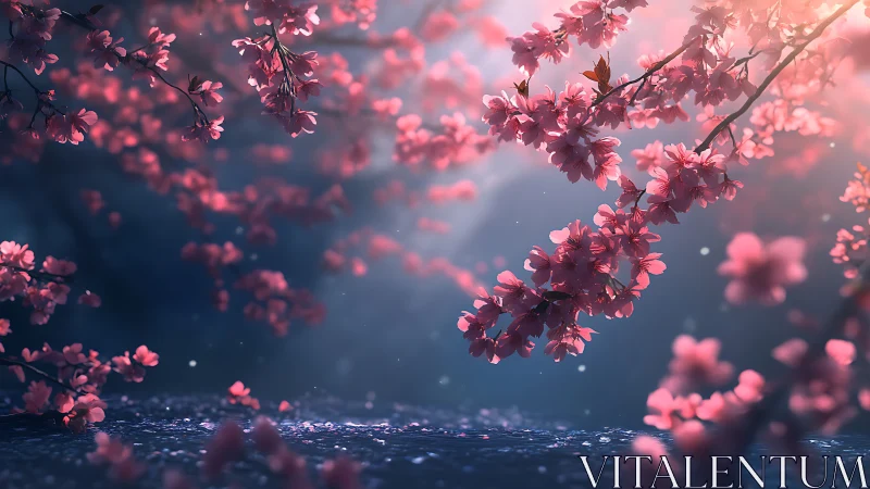 Cherry Blossoms Dancing Through Twilight Mist.
