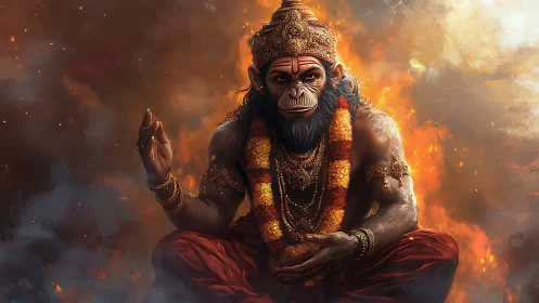 Mythic simian deity figure seated amid diffuse flames.