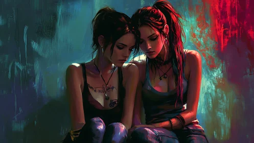 Quiet comfort unfolds as two friends share a tender moment