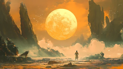 Solar titan rising over alien cliffs with lone figure below.