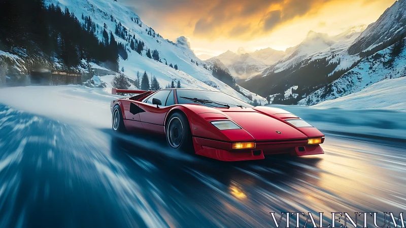 Red sports car on icy mountain road at winter sunset.