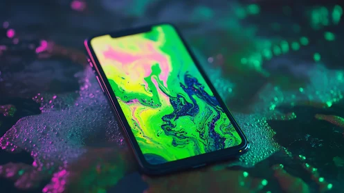 Neon smartphone on wet surface renders luminous fluid display