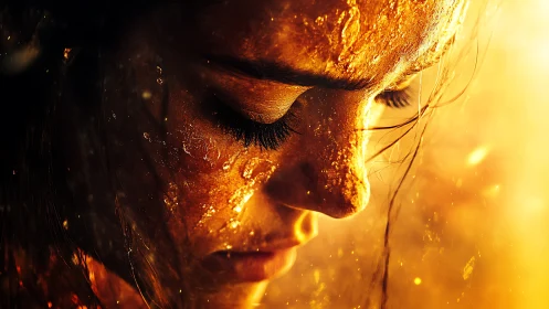 Close profile of woman&rsquo;s face coated in glowing gold