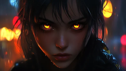 Fierce city wanderer with glowing ember eyes in rain.