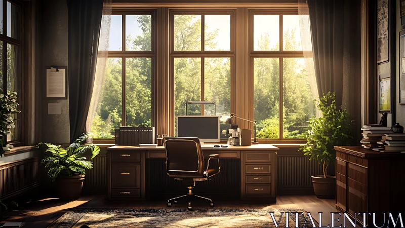 Sunlit classic home office overlooking lush garden.