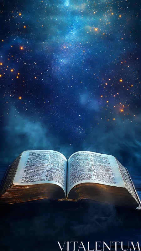 Illuminated open Bible beneath luminous blue cosmic starfield