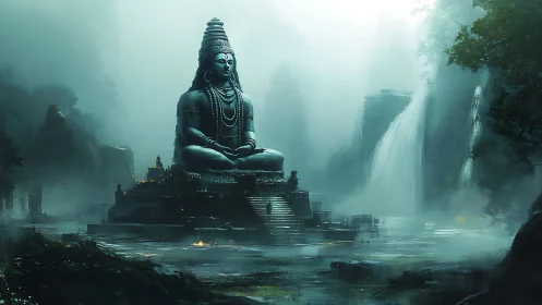 Colossal riverfront deity statue within misted jungle gorge.