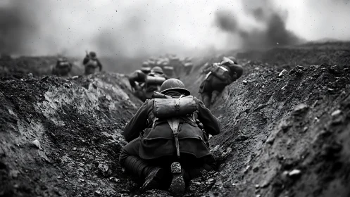 World War trench soldiers advancing through blasted mudscape.