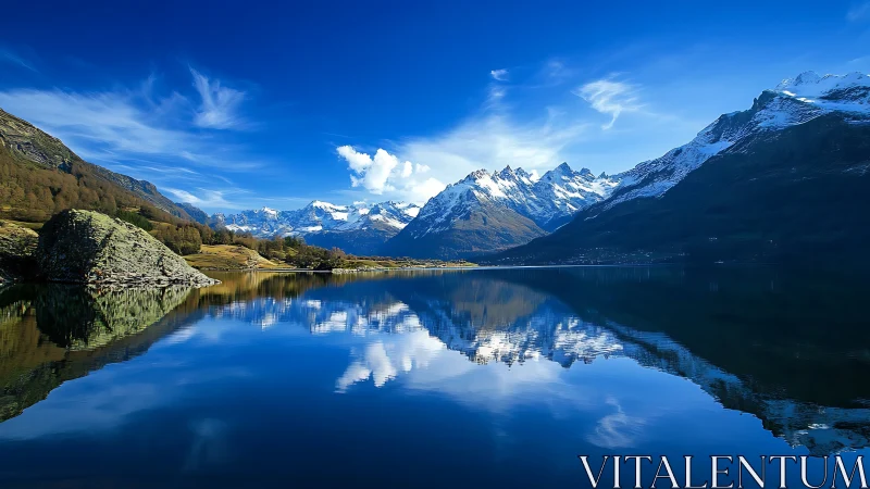 Snowy mountain range reflected in clear blue lake.