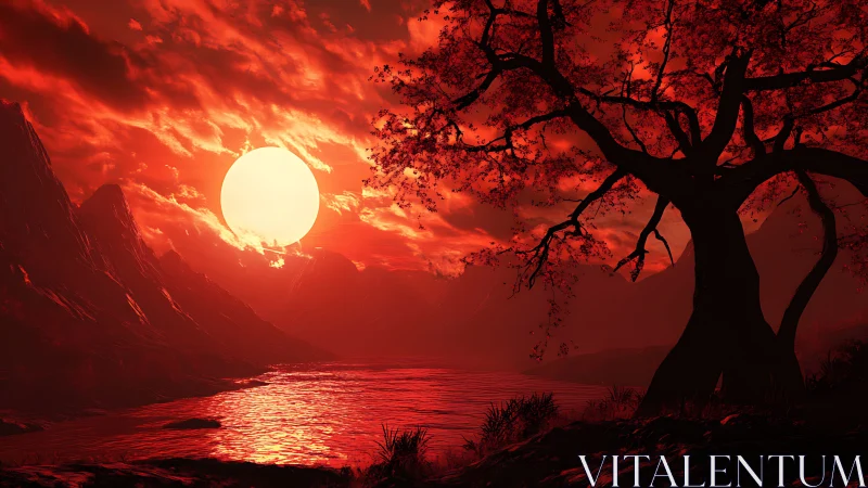 Crimson eclipse over reflective river valley and silhouetted tree