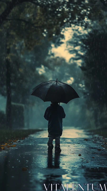 Solitary child under umbrella walks a reflective rainy path