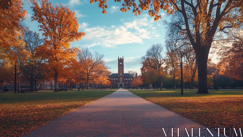 Symmetrical campus walkway toward central clock tower building.