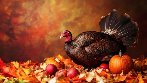 Wild turkey stands amid gourds and leaves under warm bokeh field