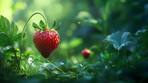 Single ripe strawberry hangs over foliage in soft light
