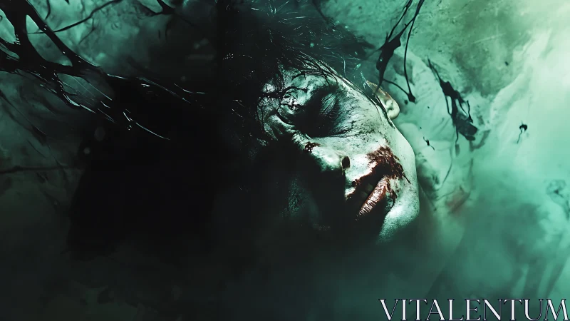 Injured human face submerged in dark green liquid medium.