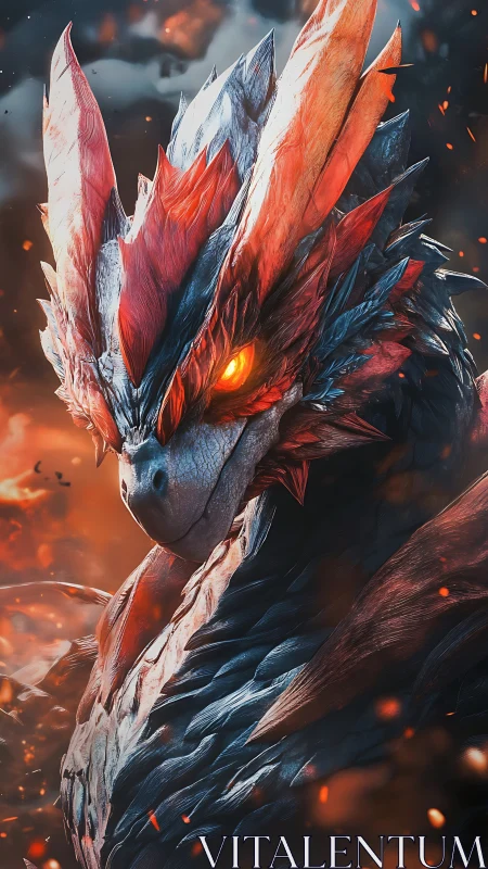 Infernal dragon portrait with blazing molten eyes and embers.