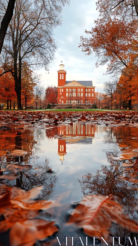 Symmetrical autumn campus building reflected in shallow water
