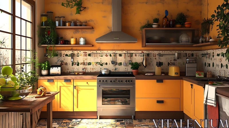 Modern kitchen interior shows yellow cabinetry and stainless range