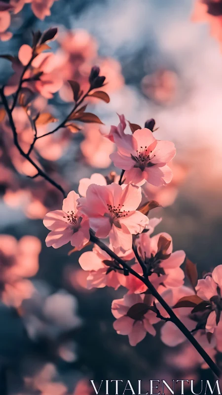 Pink flowering branches with selective focus depth of field composition
