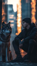 Urban dusk portrait of hooded man with wolf companion, bokeh
