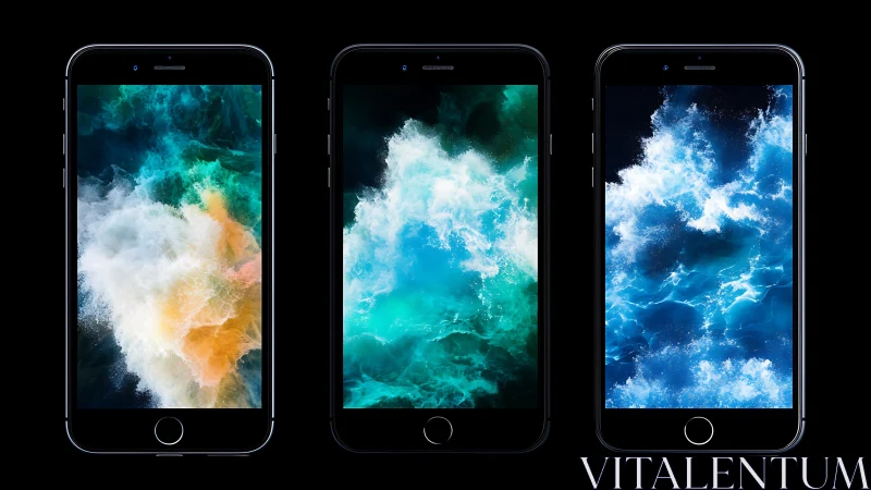 Three smartphones with abstract ocean wave displays.