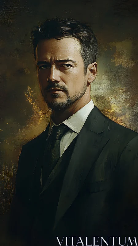 Formal male portrait in dark suit against textured backdrop.