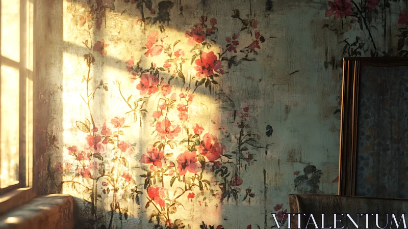 Soft morning light warms faded floral wallpaper in silence