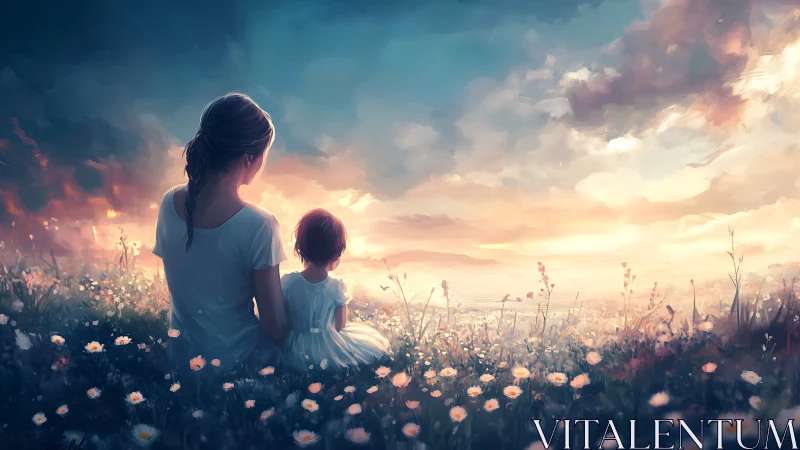 Mother and child sharing a quiet sunset in wildflower glow.