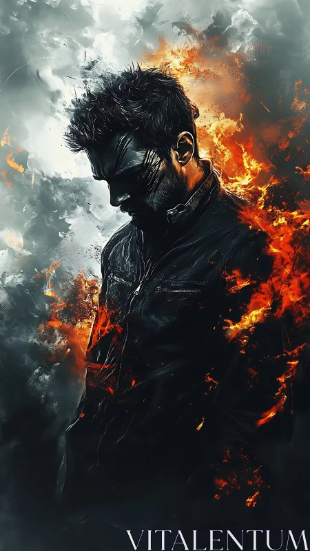 Digital portrait of figure framed by smoke and flames.