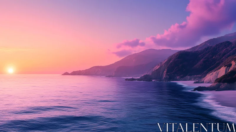 Coastal headland with sun over calm ocean at dusk.