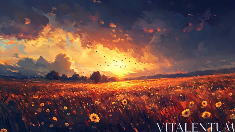 Sunlit field extends toward distant horizon under dense clouds