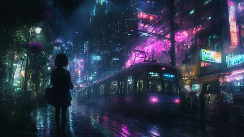 Neon rain-drenched tramway and lone dreamer in cybercity night.