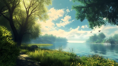 Sunlit forest lake path under vibrant summer sky.