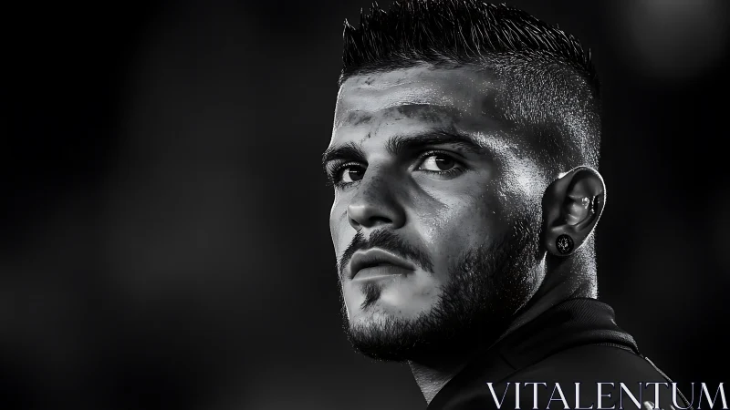 Storm-lit stare of a determined man in moody grayscale.