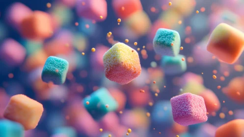 Colorful Candy Particles Floating in Motion.