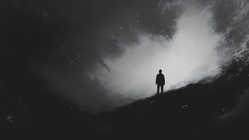 Silhouette figure on dark abstract slope under bright void.
