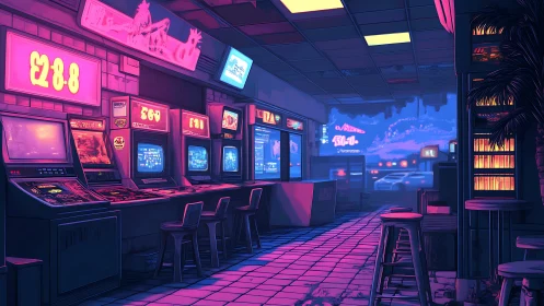 Neon arcade glows against a futuristic city twilight street.