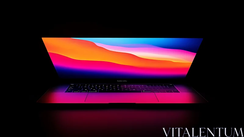 Laptop screen with vivid gradient wallpaper in dark setting.