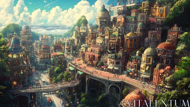 Sunlit skybridge city stacked in lush, bustling terraces.