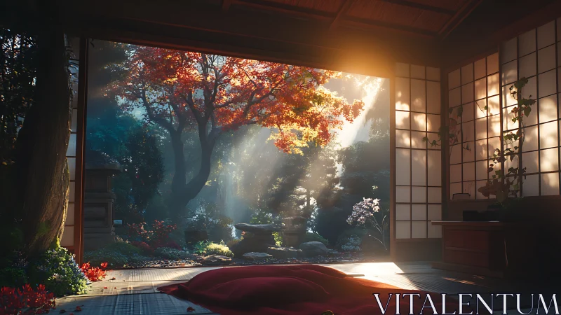 Digital painting of zen tatami room opening to autumn garden.
