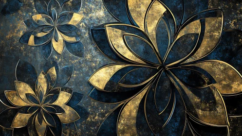 Metallic floral tessellation in blue-gold relief composition.