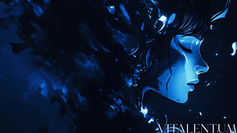 Neon blue side profile of ethereal female face in liquid void