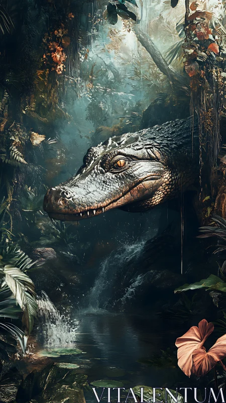 Crocodilian head above shaded jungle pool with waterfall.