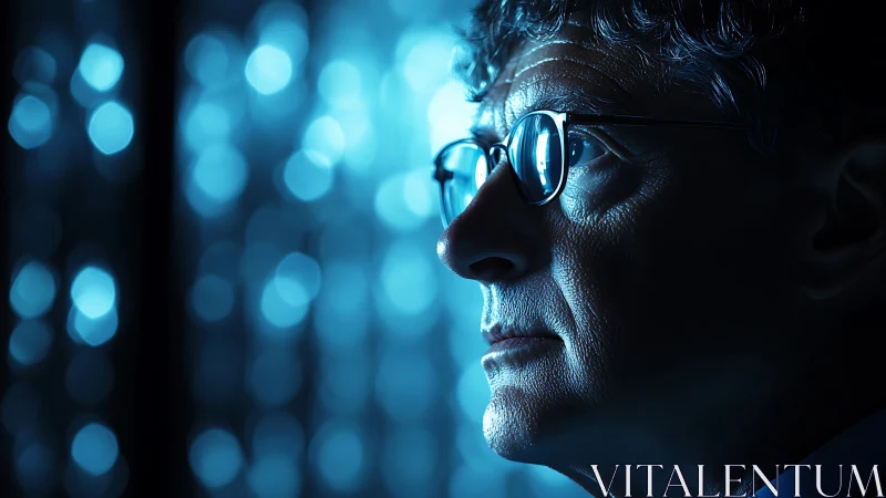 Midnight thinker framed in sapphire circuitry glow.