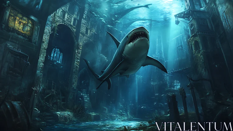 Predatory shark patrolling submerged ruins in teal light.