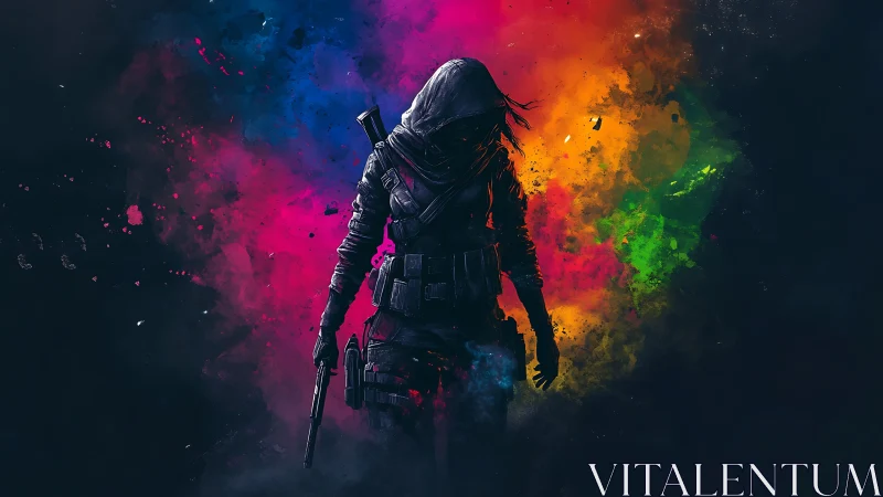 Armed hooded figure stands before multicolored smoke field