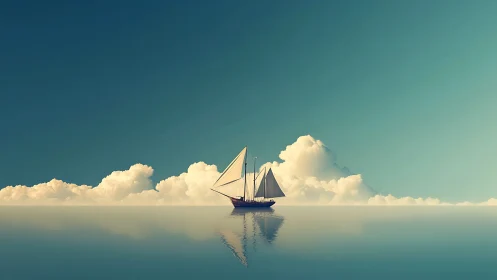 Solitary sailboat gliding across glassy turquoise sea.