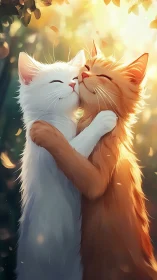 Two felines embrace in warm golden light amid falling leaves.